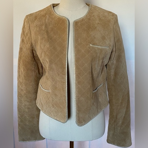 Vintage Suede Leather w/gold piping trim quilted look women's jacket Size 8 - Picture 1 of 9
